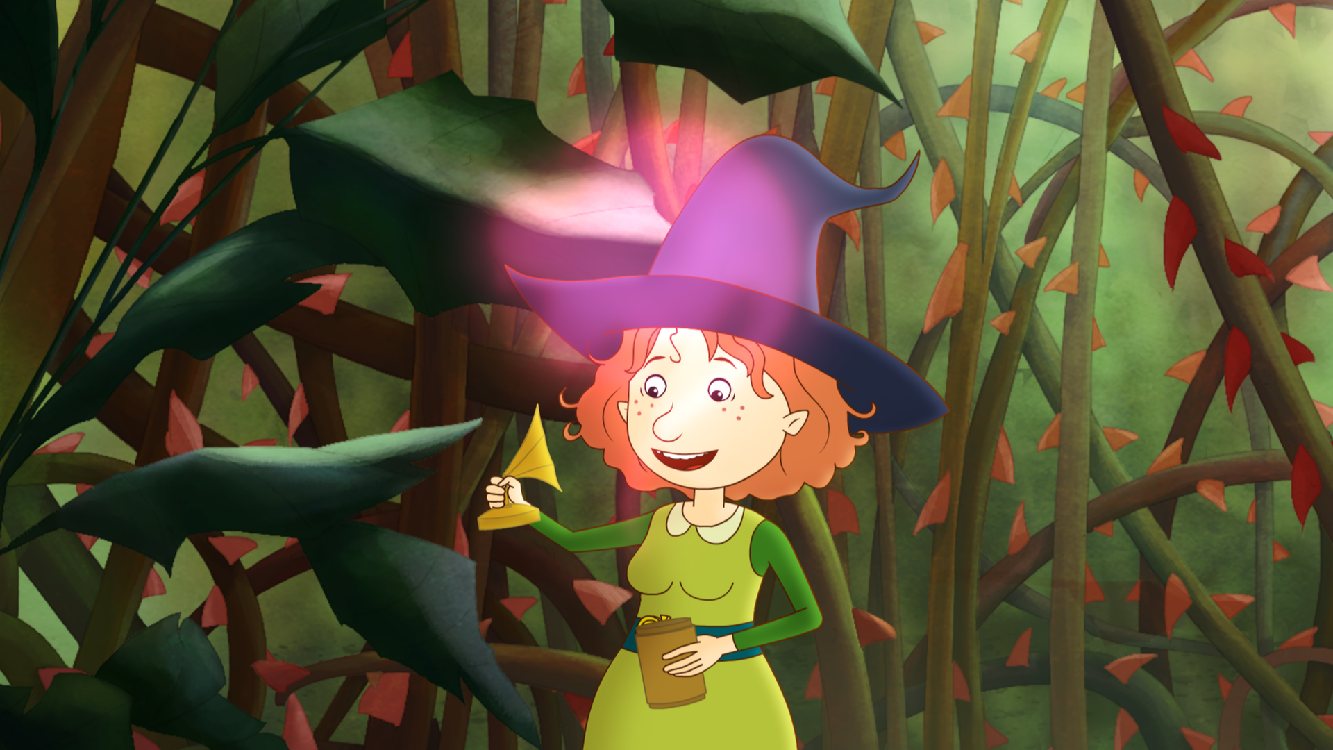 Petronella steht mit einer offenen Dose im Garten, aus der etwas Energie entweicht.