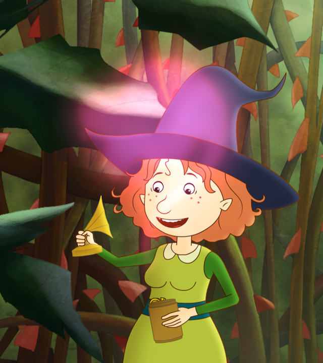 Petronella steht mit einer offenen Dose im Garten, aus der etwas Energie entweicht.