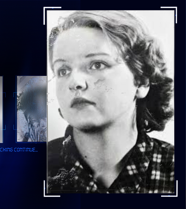 Portraitfoto eine jungen Frau, aufgenommen in den 1950ern. Sie ist ca. 20 Jahre alt, schaut mit neutralem Gesichtsausdruck rechts an der Kamera vorbei. Sie hat mittellange helle Haare und trägt ein Karo-Hemd. Links daneben: Lichtschematische Darstellung eines Fingerabdrucks