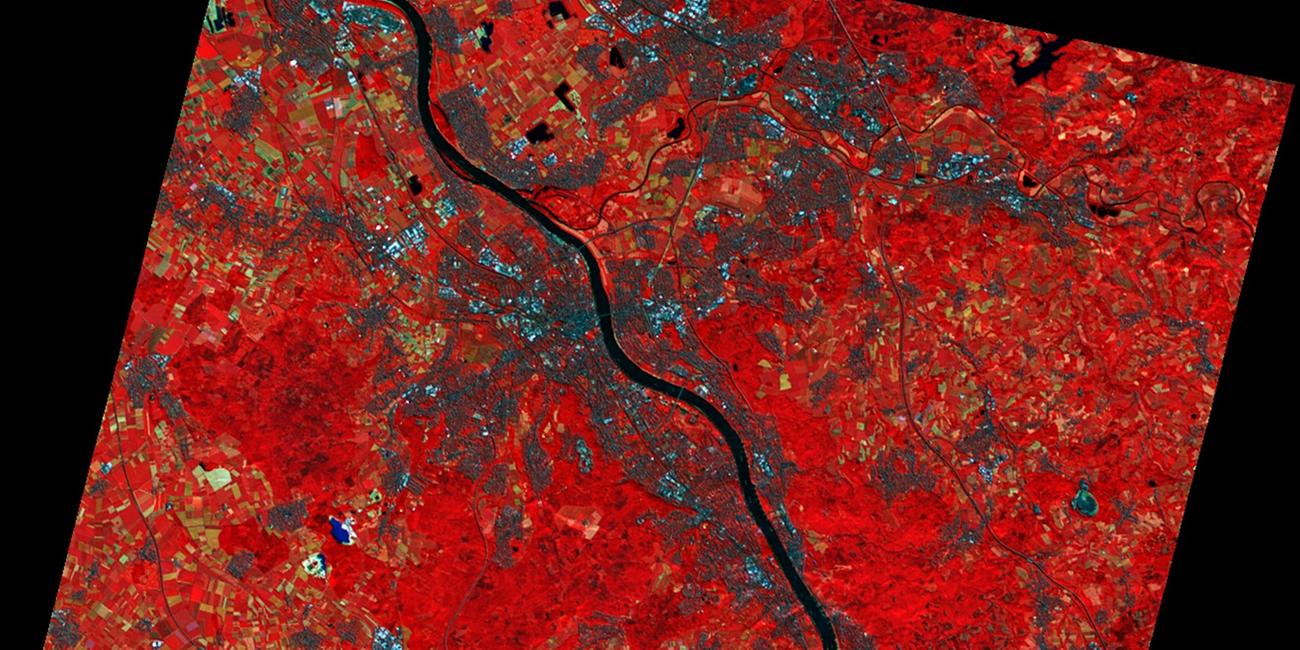 Satellitenbild von Bonn in ungewöhnlicher Färbung.