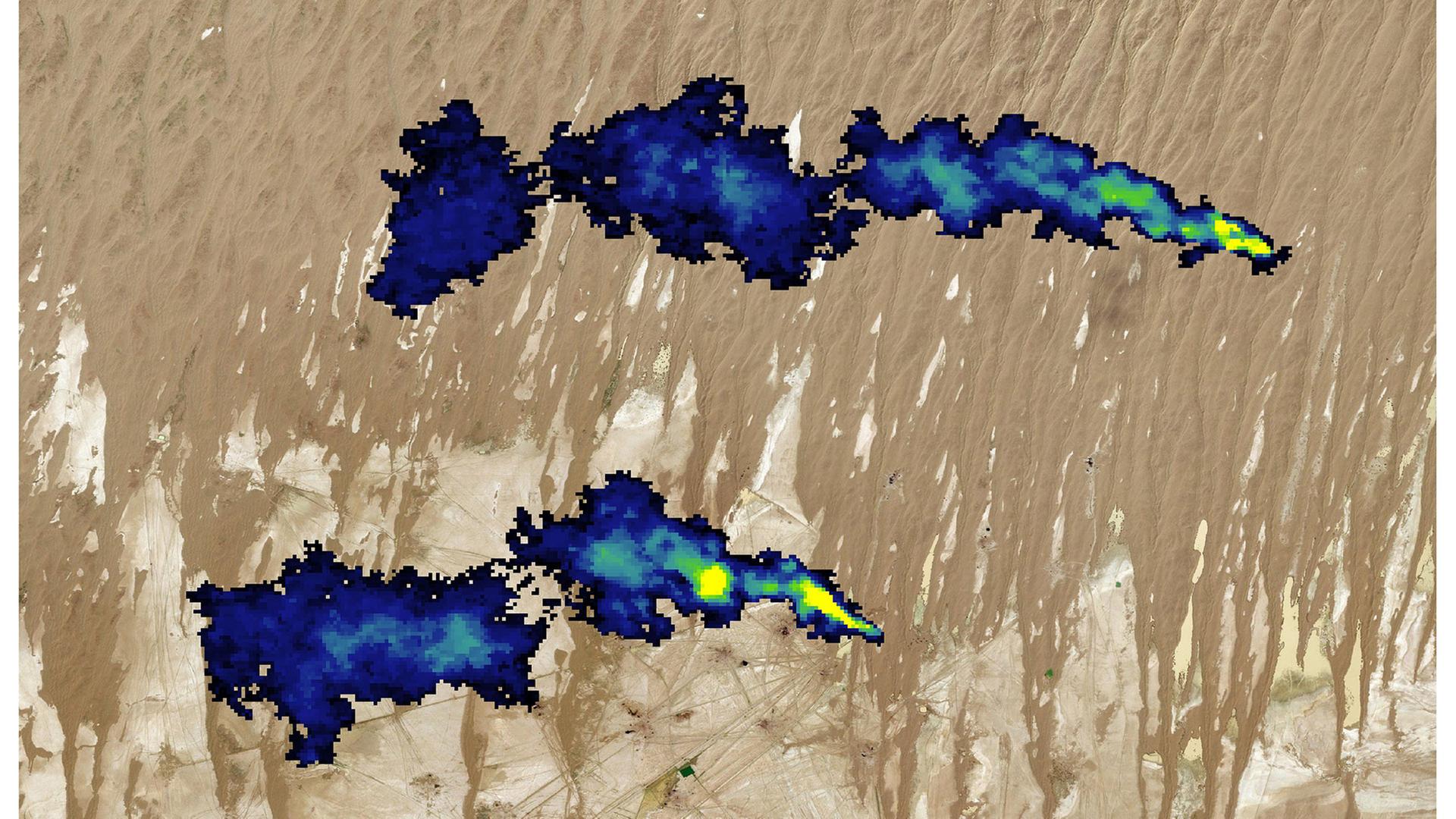 Satellitenbild mit blauer Wolke, die die Methanemission darstellt.