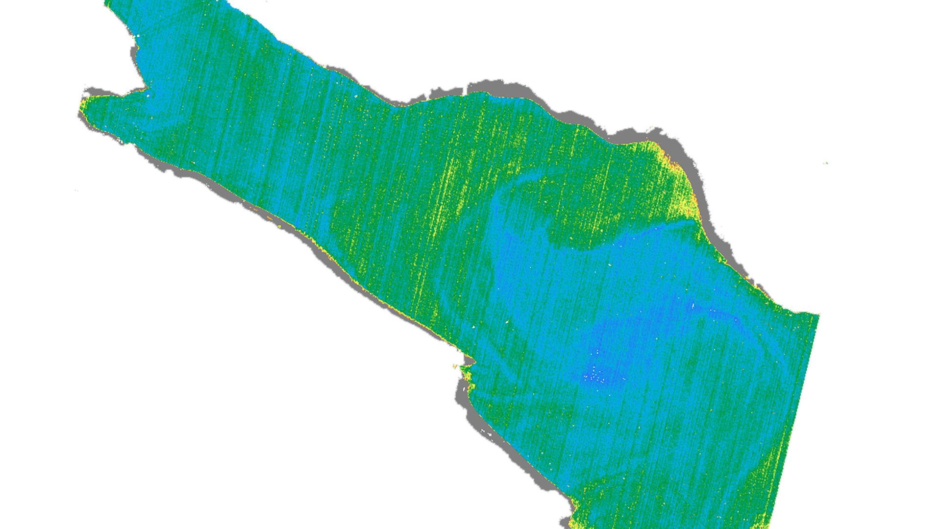 Satellitenaufnahme des Bodensees. Verschiedene Färbungen zeigen Chlorophyll-Konzentration.
