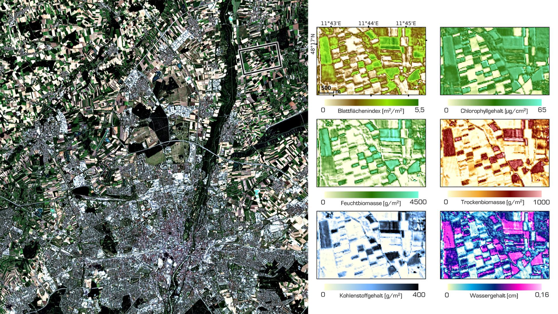 Satellitenaufnahme von München und vier kleinere Aufnahmen auf denen mit verschiedenen Farben Pflanzeneigenschaften dargestellt werden.
