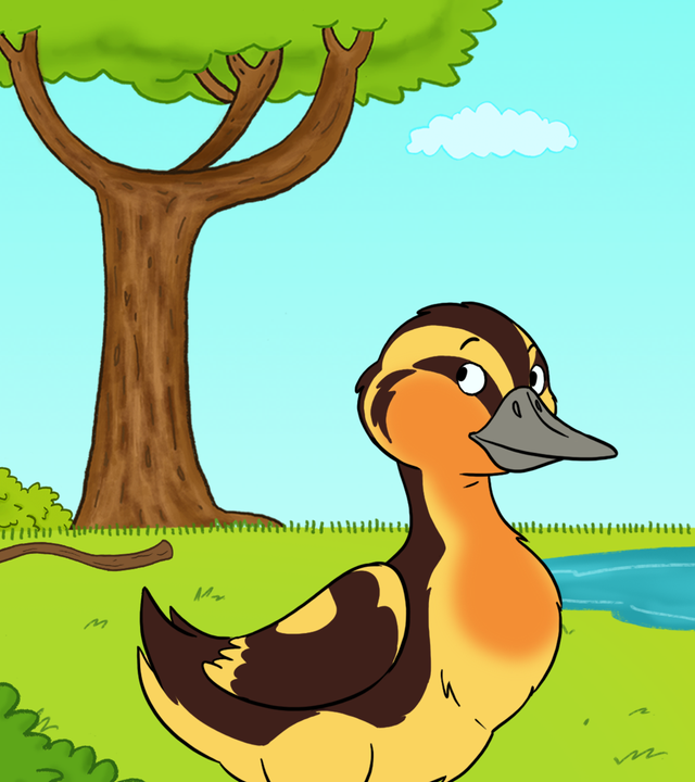 Eine junge Ente steht auf einer Wiese am See