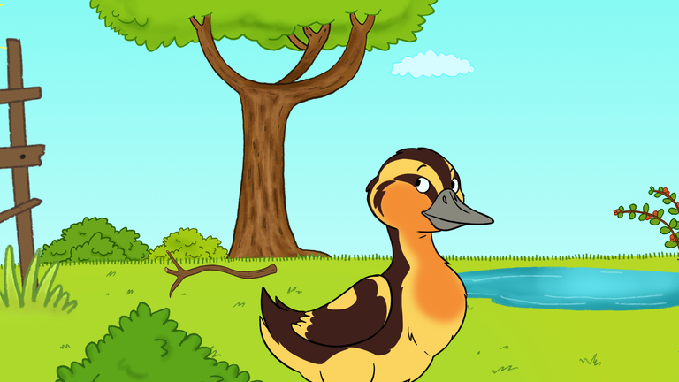 Eine junge Ente steht auf einer Wiese am See