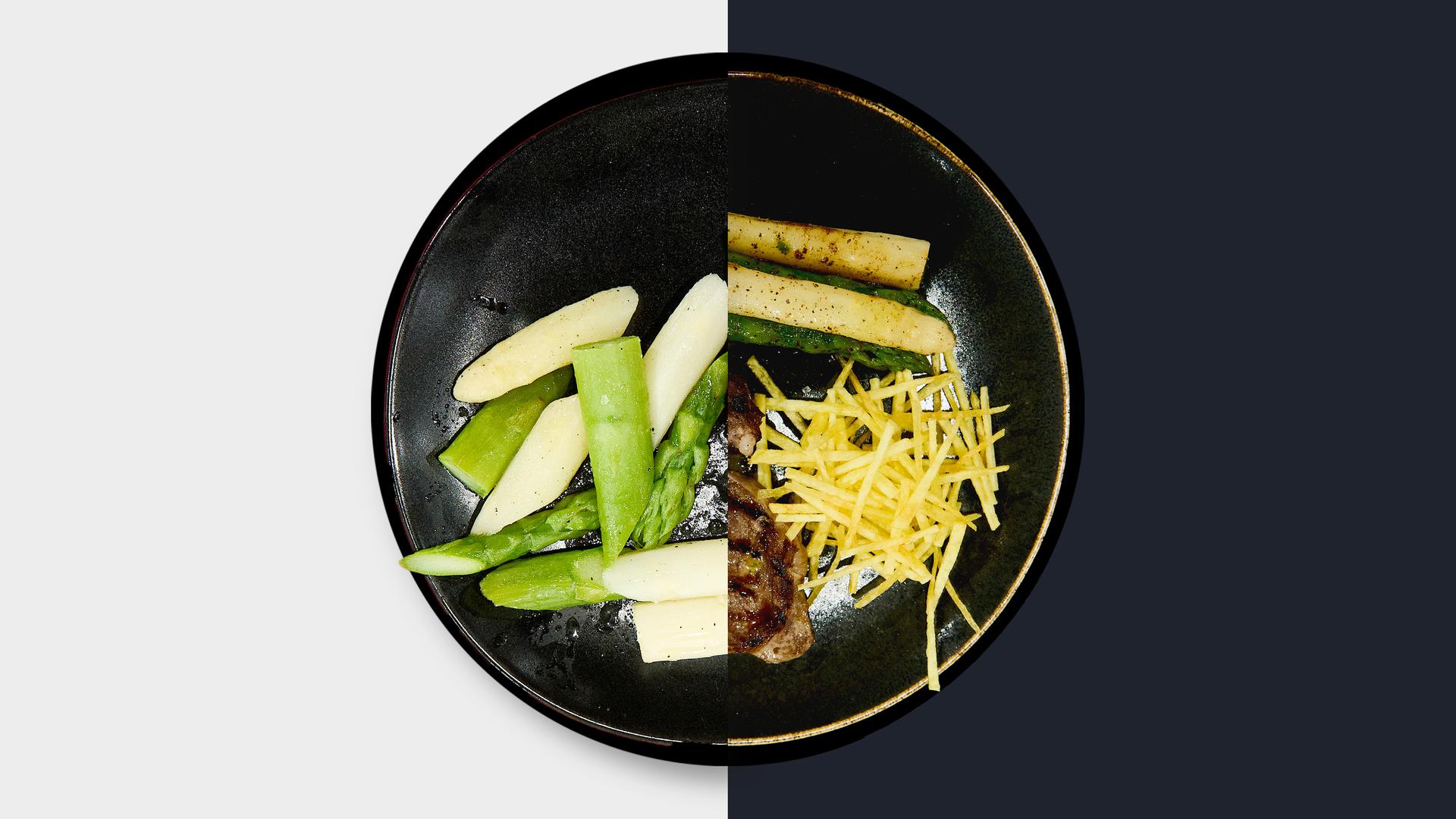 Entrecôte mit Café-de-Paris-Buttersauce, zweierlei Spargel und Pommes allumettes  