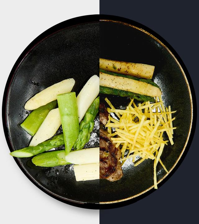 Entrecôte mit Café-de-Paris-Buttersauce, zweierlei Spargel und Pommes allumettes  