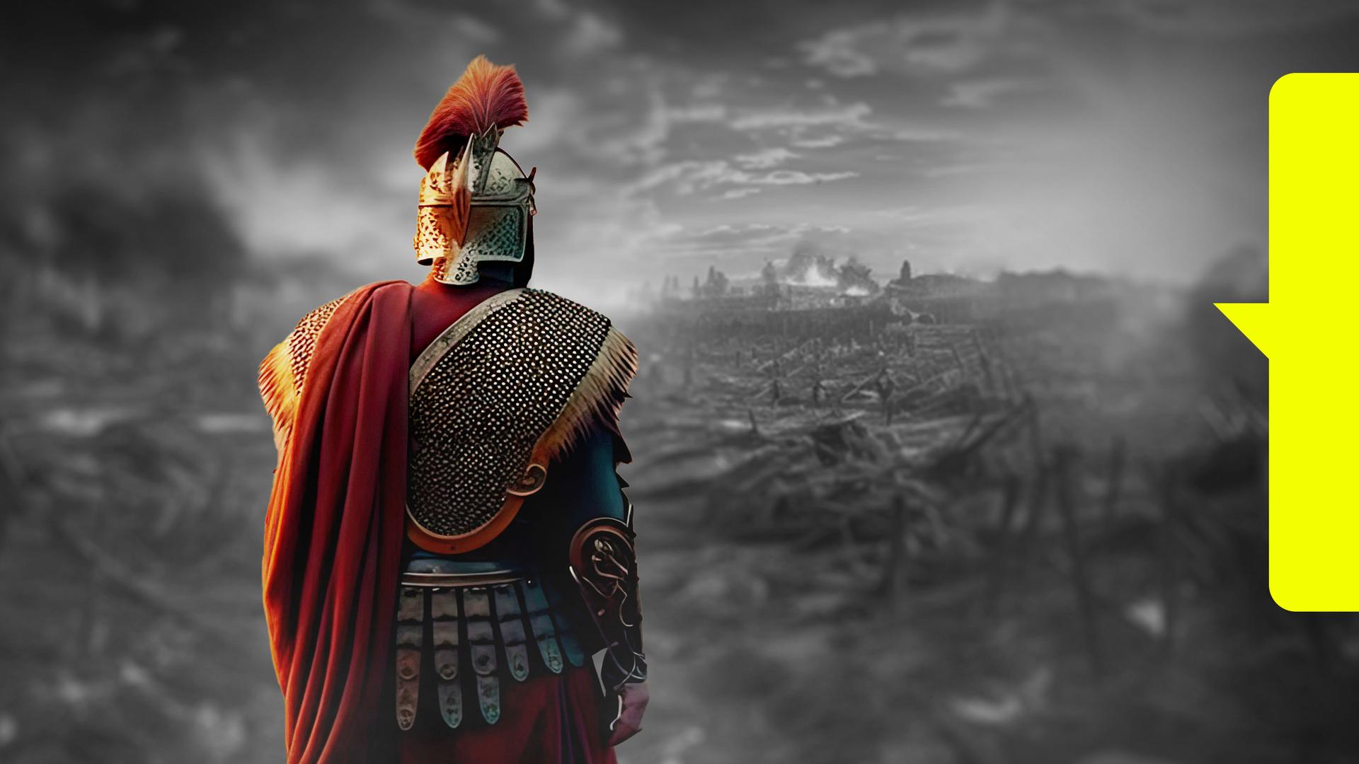 Montage: Arminius (Komparse) steht im Vordergrund inmitten eines zerstörten Schlachtfeldes.