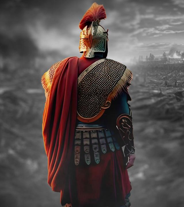 Montage: Arminius (Komparse) steht im Vordergrund inmitten eines zerstörten Schlachtfeldes.