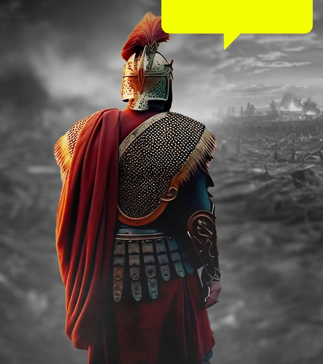 Montage: Arminius (Komparse) steht im Vordergrund inmitten eines zerstörten Schlachtfeldes.