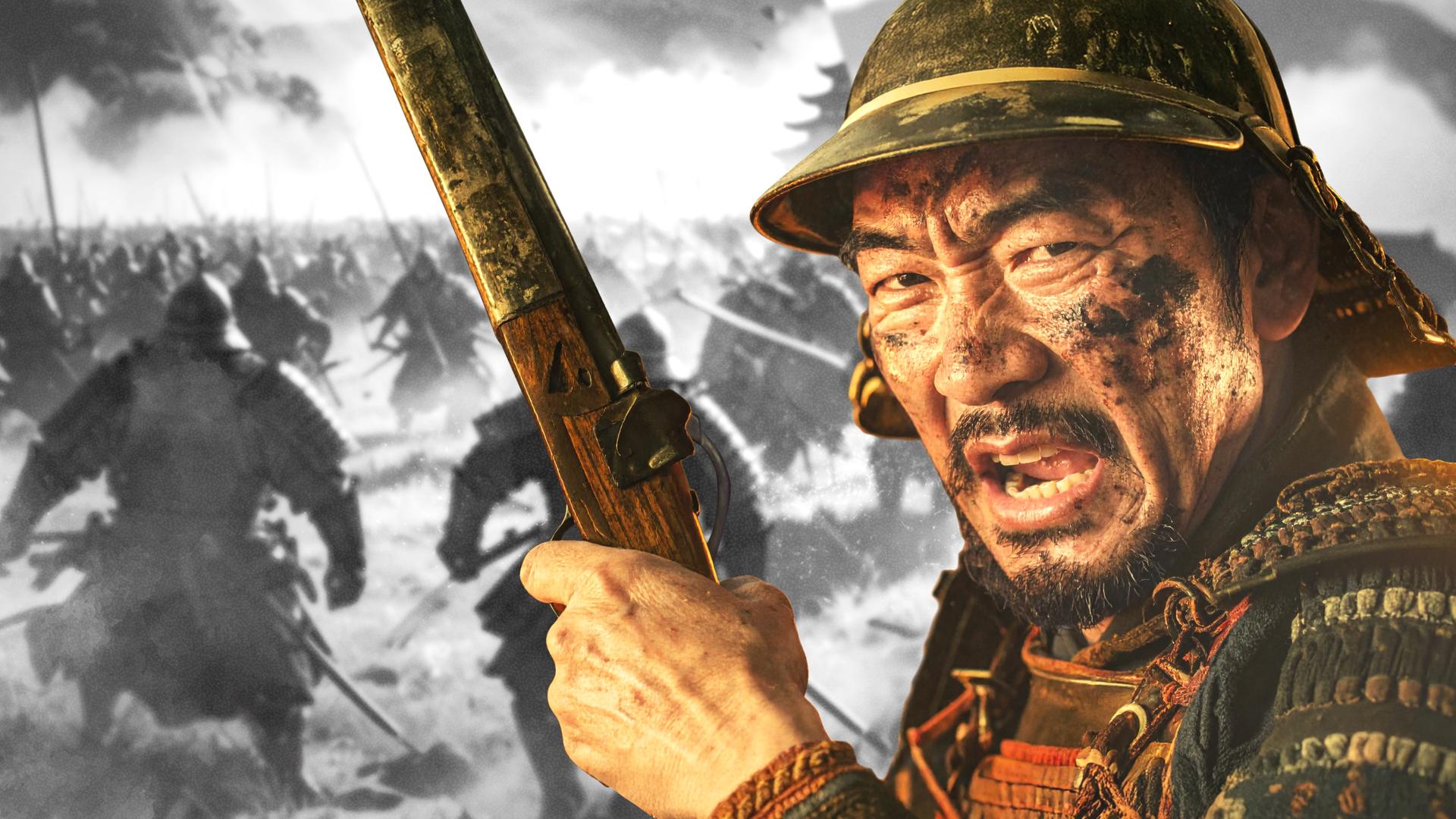 Portrait eines japanischen Kriegers aus dem 16.Jahrhundert, mit einer Akebuse in der Hand. Im Hintergrund eine Totale der Schlacht von Nagashino.