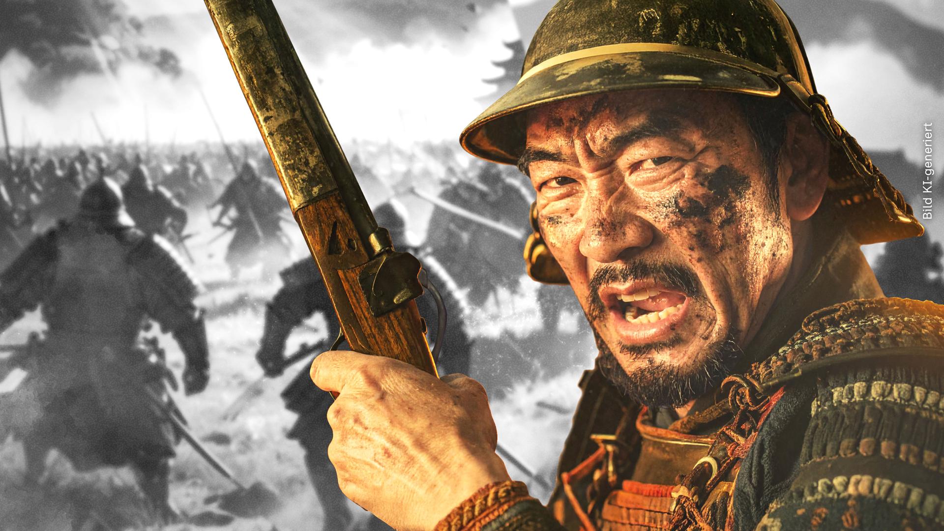 Portrait eines japanischen Kriegers aus dem 16.Jahrhundert, mit einer Akebuse in der Hand. Im Hintergrund eine Totale der Schlacht von Nagashino.