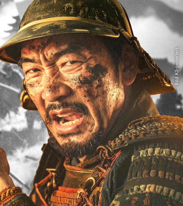 Portrait eines japanischen Kriegers aus dem 16.Jahrhundert, mit einer Akebuse in der Hand. Im Hintergrund eine Totale der Schlacht von Nagashino.