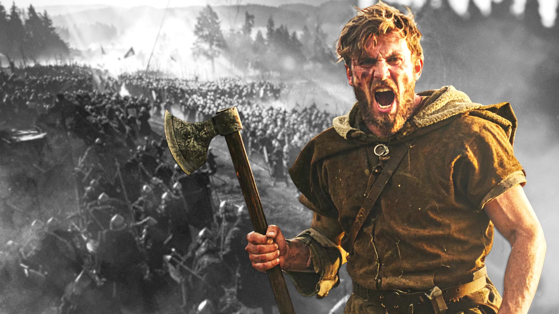 Portrait eines fränkischen Kriegers aus dem 5.Jahrhundert, der schreiend und mit einer Axt in der Hand auf den Betrachter zuläuft. Im Hintergrund eine Totale der Schlacht von Zülpich