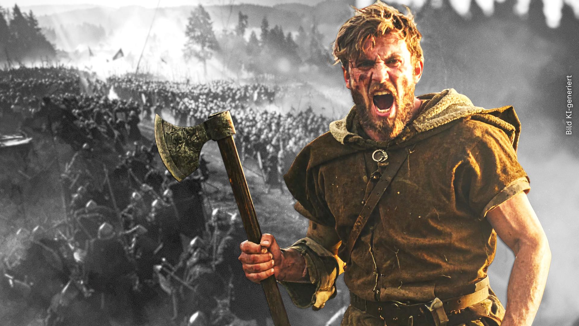 Portrait eines fränkischen Kriegers aus dem 5.Jahrhundert, der schreiend und mit einer Axt in der Hand auf den Betrachter zuläuft. Im Hintergrund eine Totale der Schlacht von Zülpich.