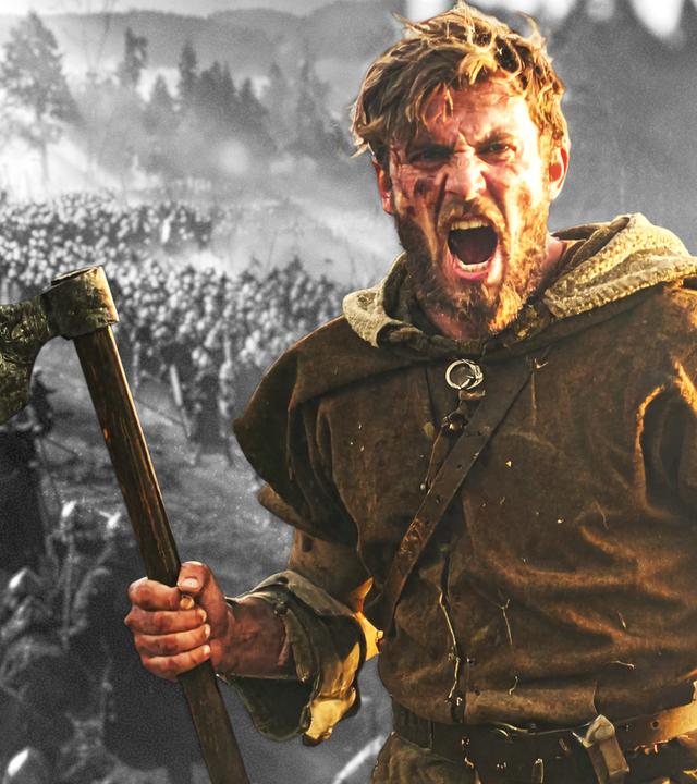 Portrait eines fränkischen Kriegers aus dem 5.Jahrhundert, der schreiend und mit einer Axt in der Hand auf den Betrachter zuläuft. Im Hintergrund eine Totale der Schlacht von Zülpich