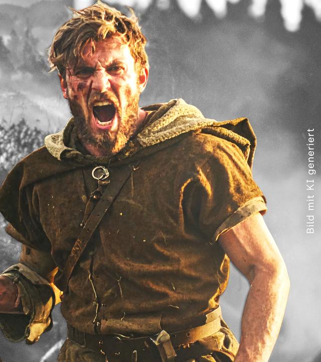 Portrait eines fränkischen Kriegers aus dem 5.Jahrhundert, der schreiend und mit einer Axt in der Hand auf den Betrachter zuläuft. Im Hintergrund eine Totale der Schlacht von Zülpich