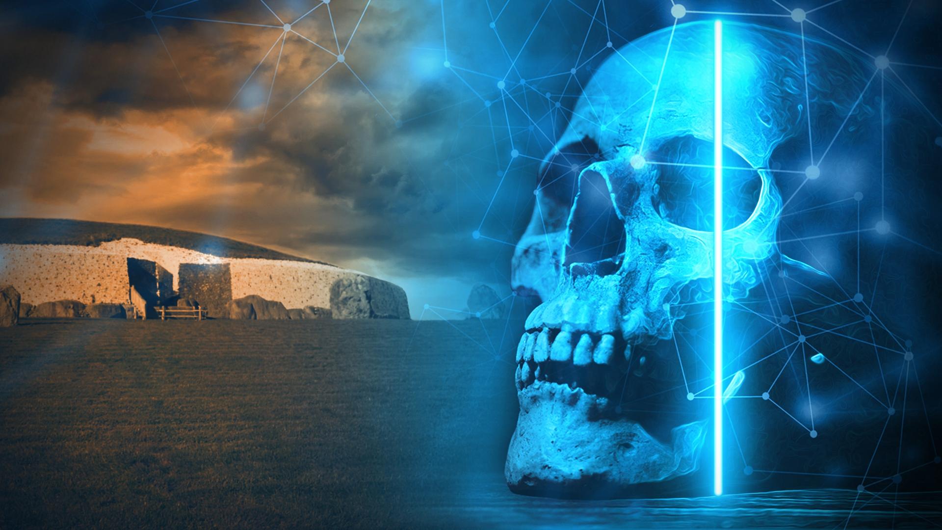 Ein gescannter Schädel mit einem Grabhügel im Hintergrund