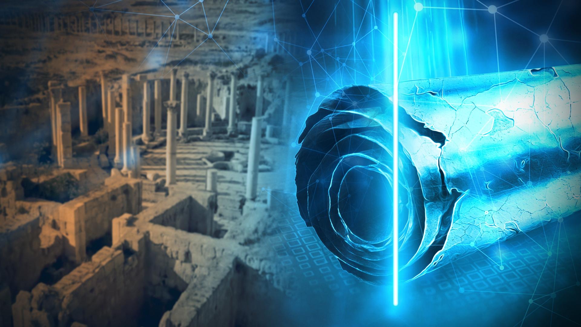 Gescannte Schriftrolle im Vordergrund mit antiken Ruinen im Hintergrund