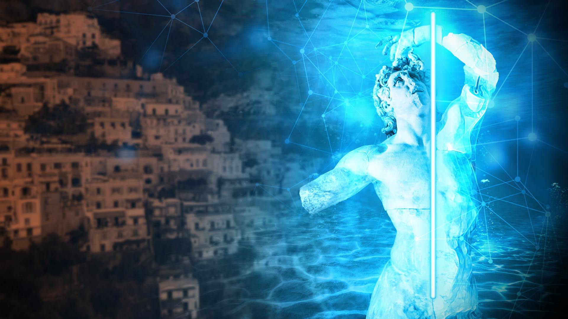 Gescannte antike Skulptur mit am Hügel liegender Stadt im Hintergrund