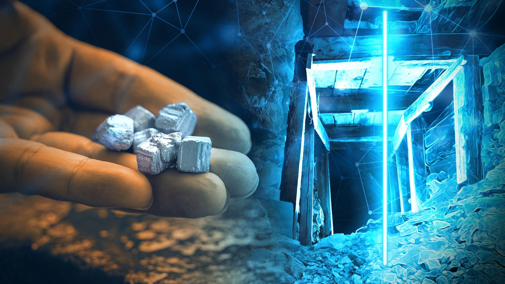 Gescannter Bergwerktunnel mit Hand, auf der Silberwürfel liegen