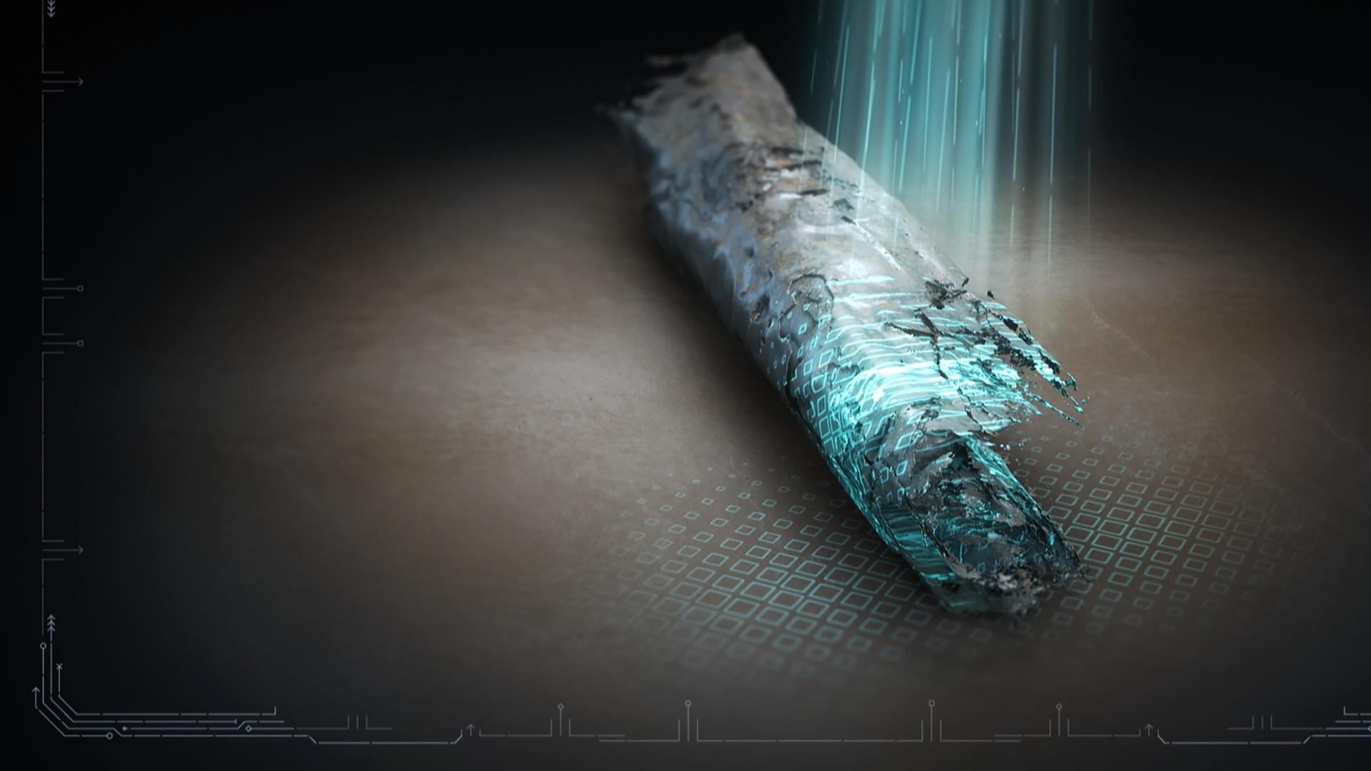 Virtuelle Darstellung einer teils beschädigten Schriftrolle, auf die blaues Laserlicht fällt.