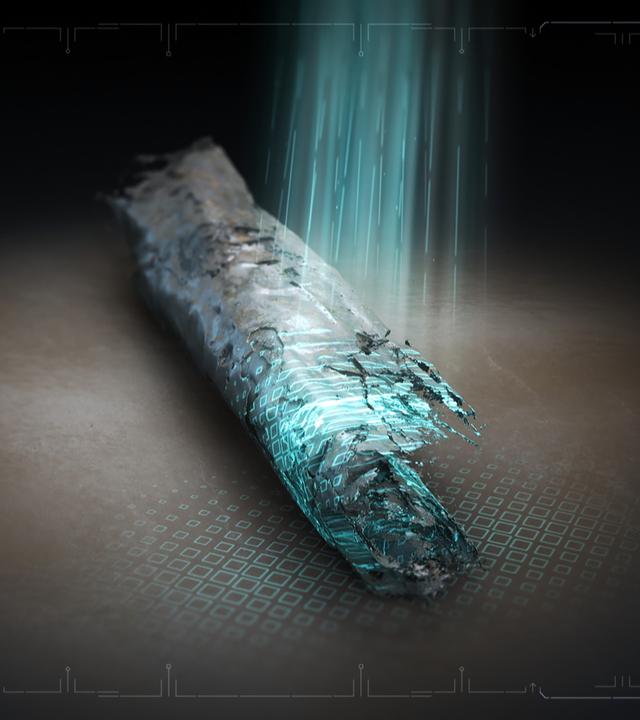 Virtuelle Darstellung einer teils beschädigten Schriftrolle, auf die blaues Laserlicht fällt.