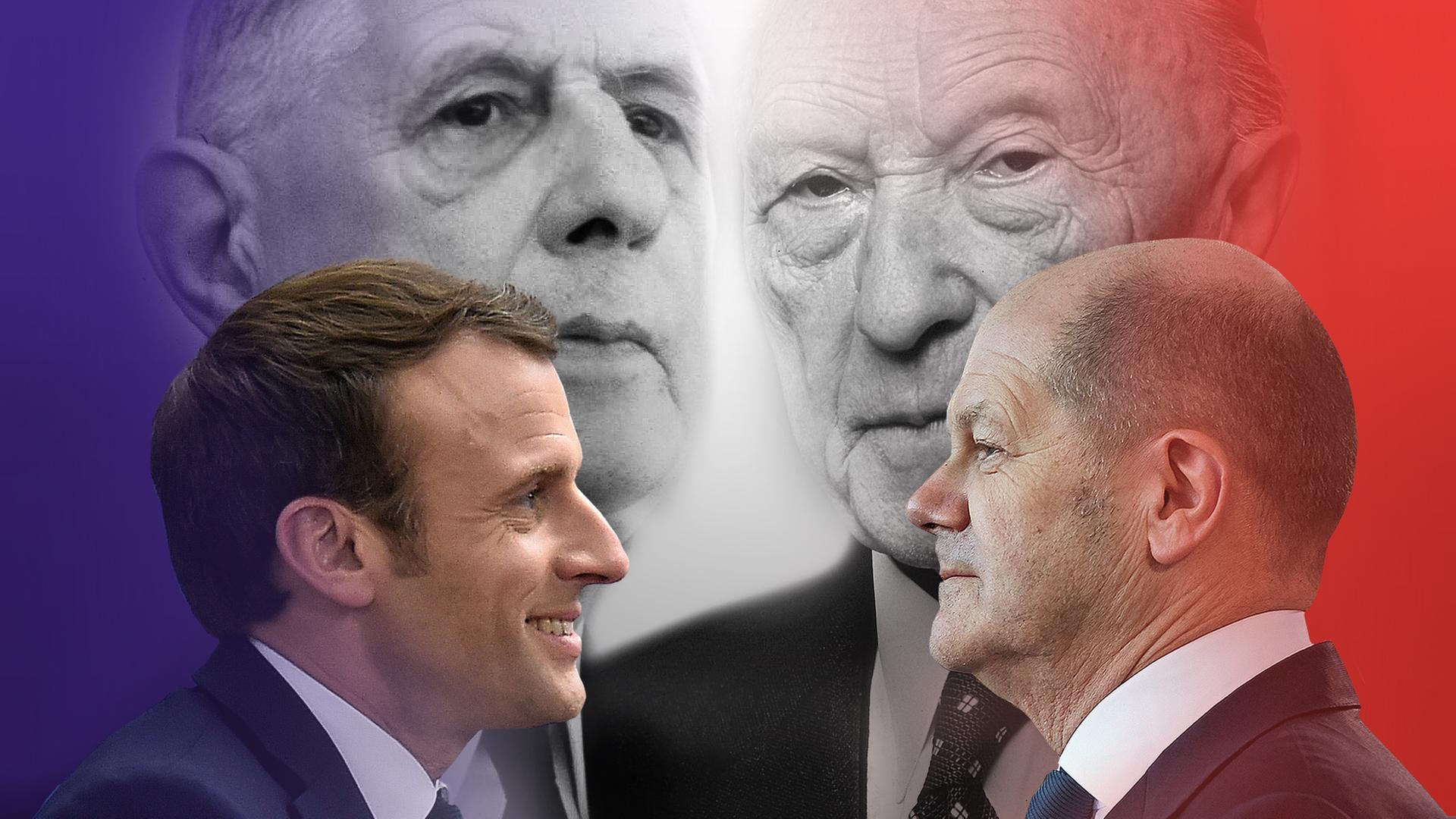 Collage aus Einzelbildern von Charles de Gaulle, Emmanuel Macron, Konrad Adenauer, Olaf Scholz