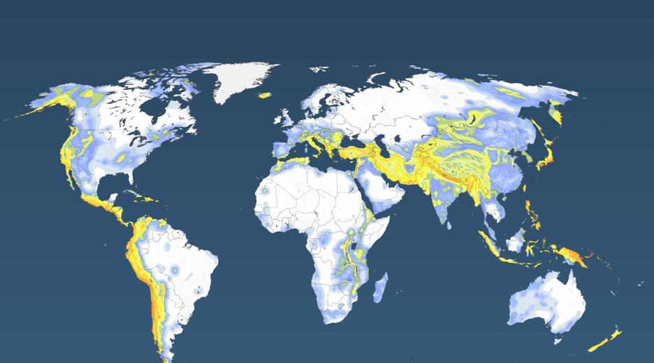 Die Weltkarte zeichnet die Erdbebengebiete der Erde aus. Besonders die amerikanische Pazifikküste sowie Japan, Neuseeland, Neuguinea und Zentralasien sind gefährdet.