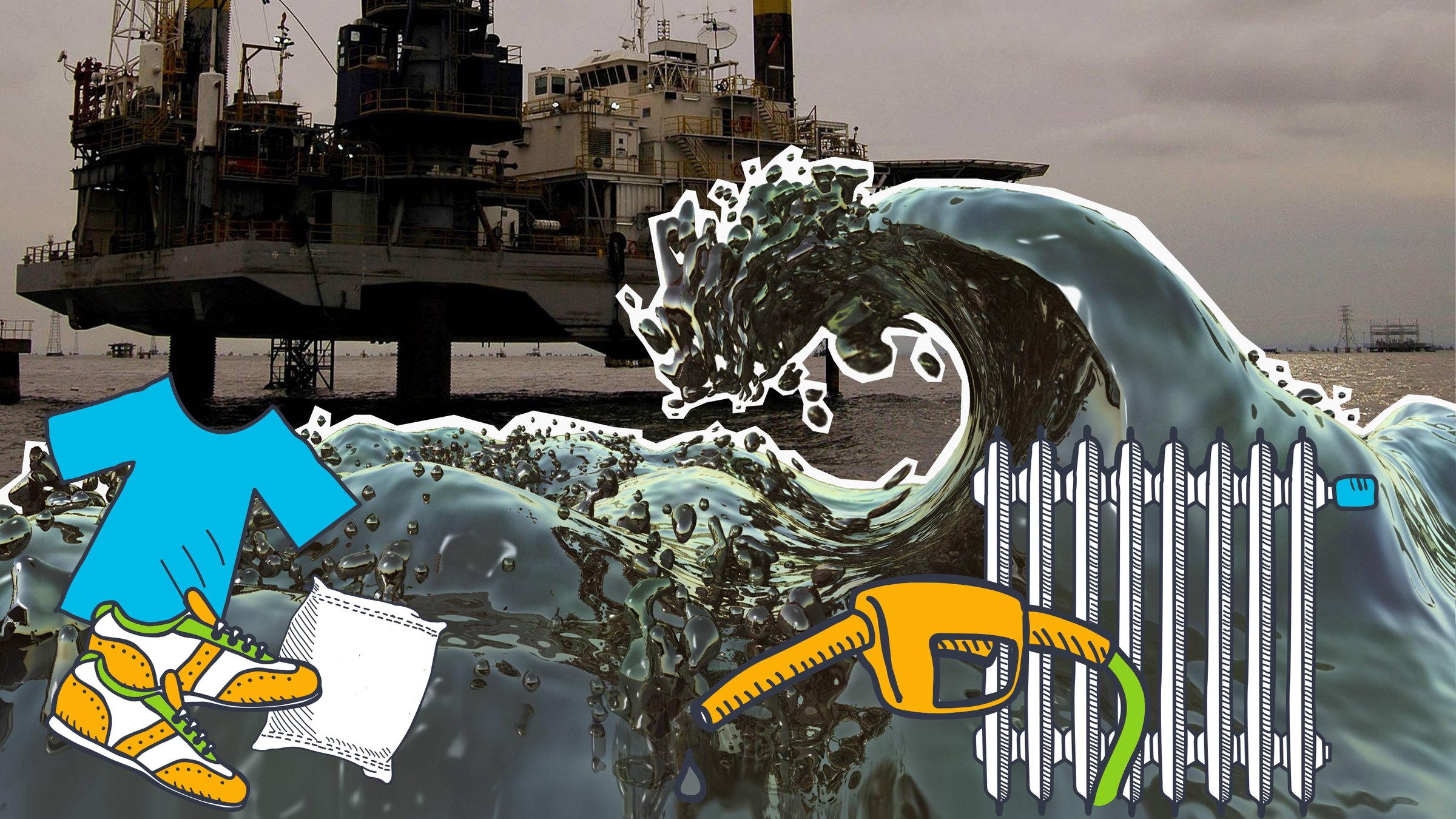 Eine Bohrinsel, eine Welle aus Erdöl und ein Heizkörper, ein Zapfhahn, ein T-Shirt, Laufschuhe und eine Plastiktüte