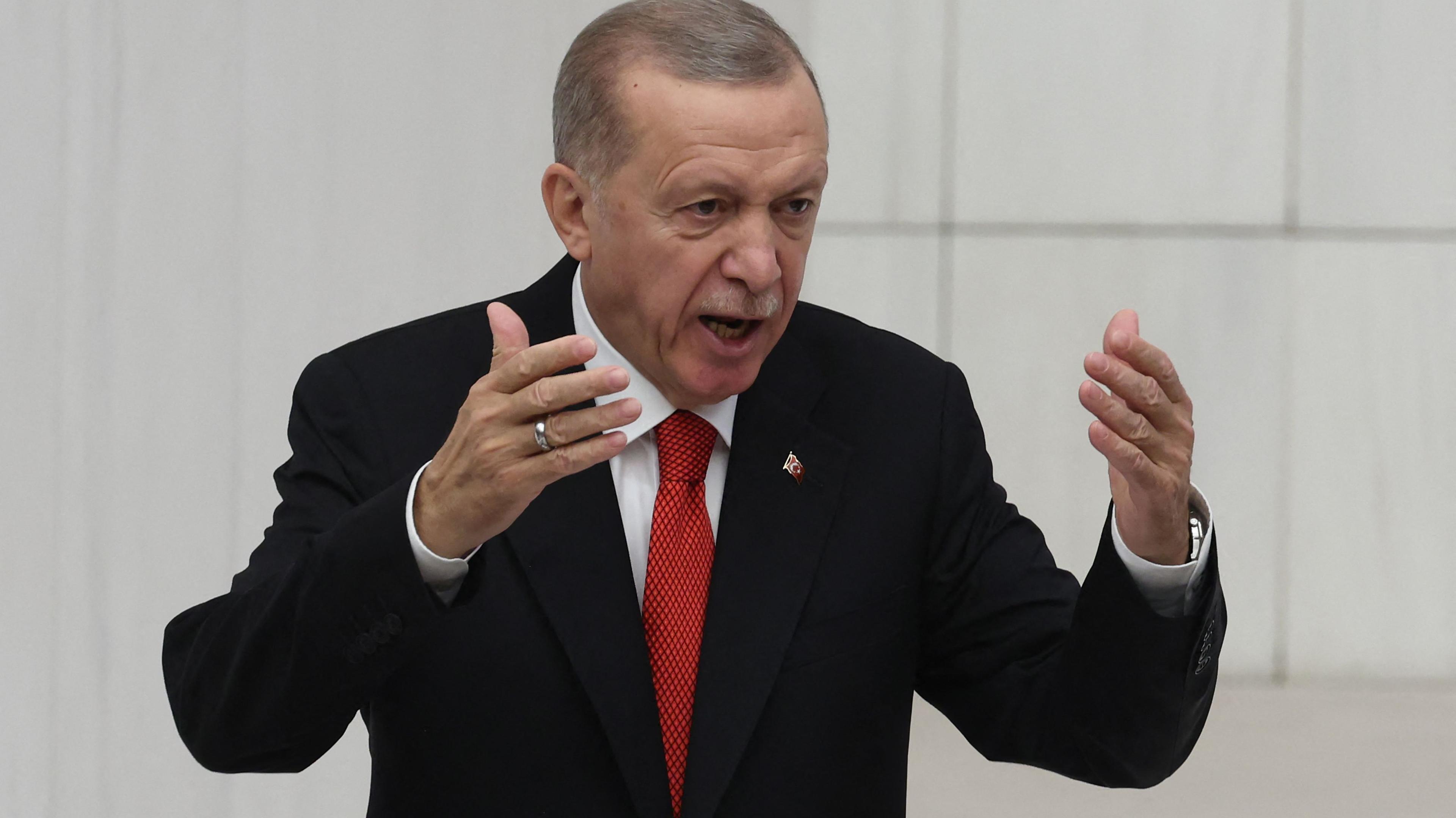 Präsident Erdogan hinter einem Rednerpult.