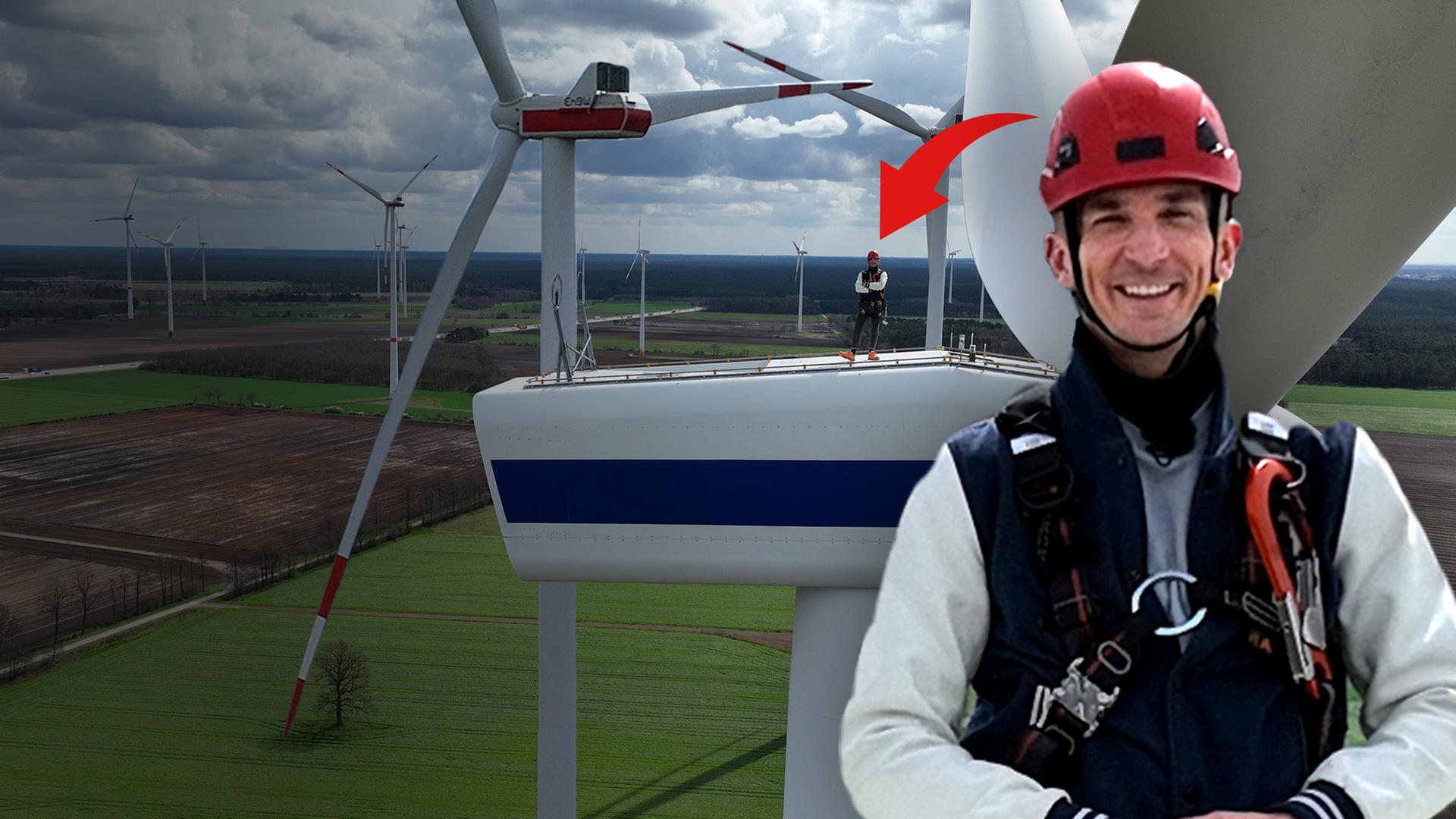 Eric steht gesichert auf einem Windrad