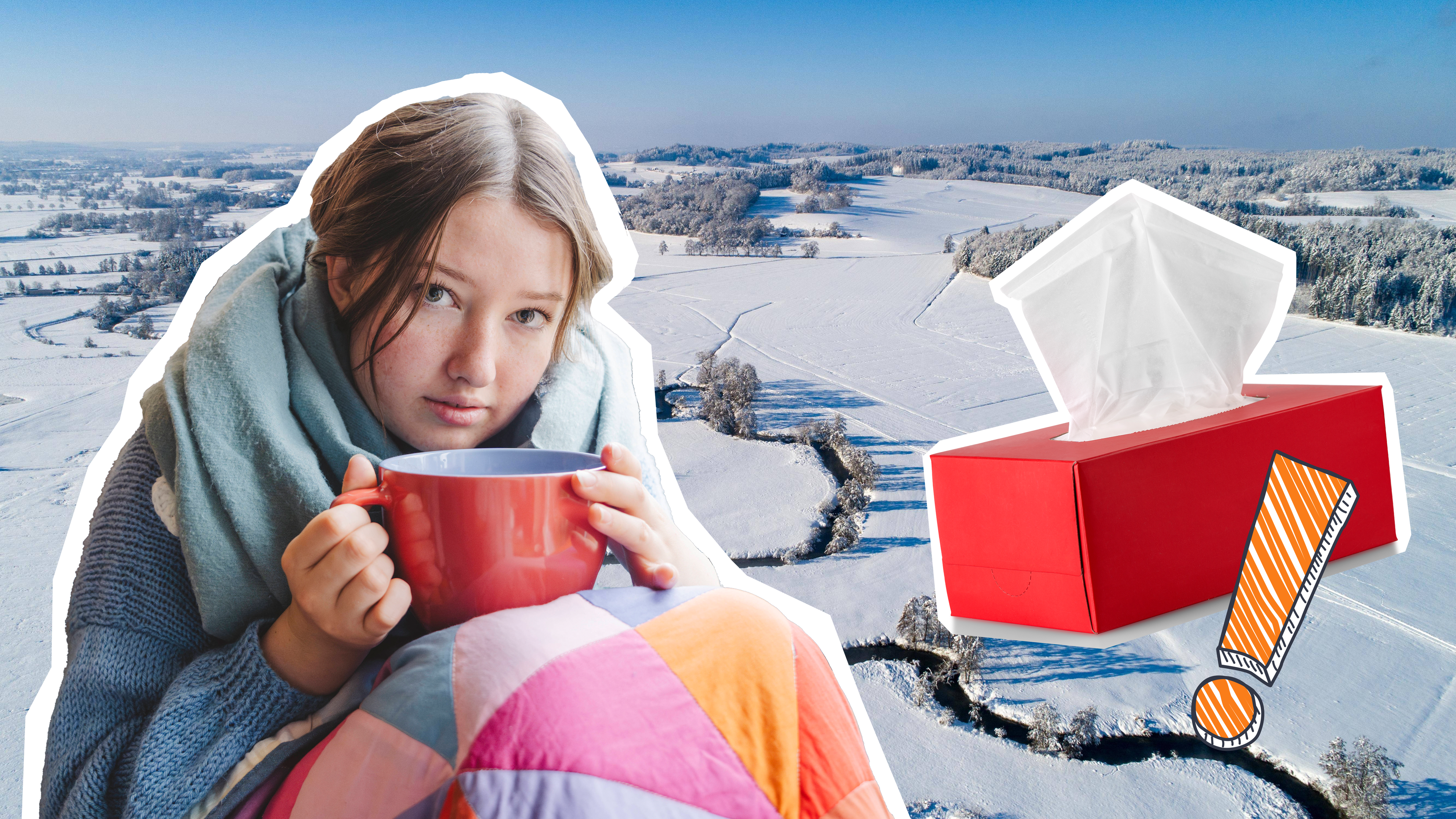 erkältete Jugendliche vor Winterlandschaft mit Taschentuchbox und Ausrufezeichen