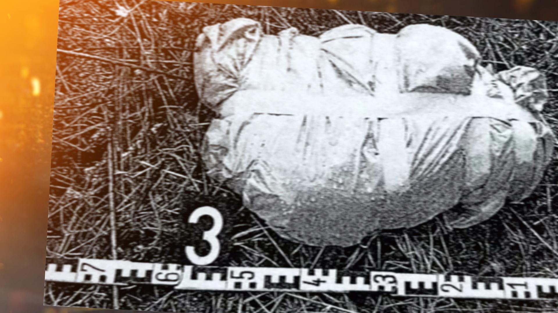 Ein zugeschnürtes Paket liegt auf einer Wiese.