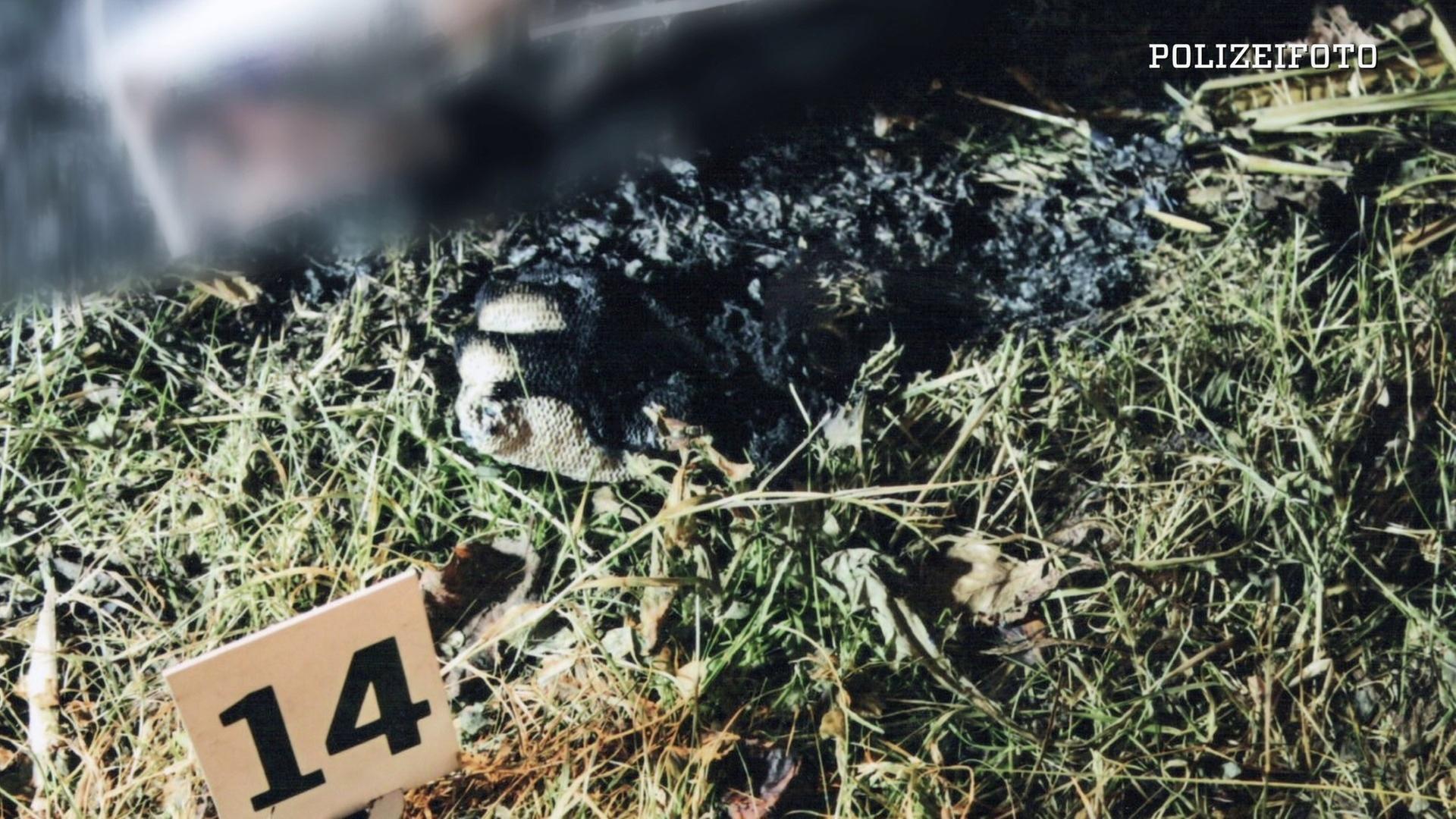 "Ermittler! - Brandspuren": Ein verbrannter Handschuh auf dem Gras mit einem Schild versehen, auf dem die Zahl "14" steht.