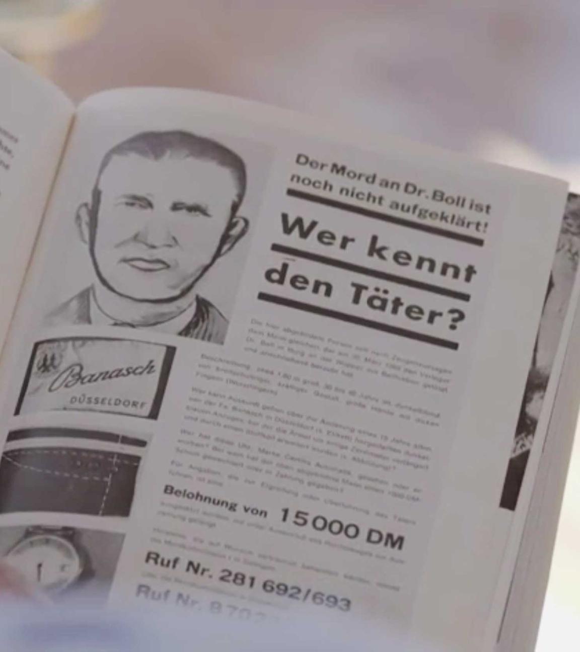 "Ermittler! Verhängnisvoller Einbruch": Blick über die Schulter auf eine Zeitschrift mit Fahndungsbild. 