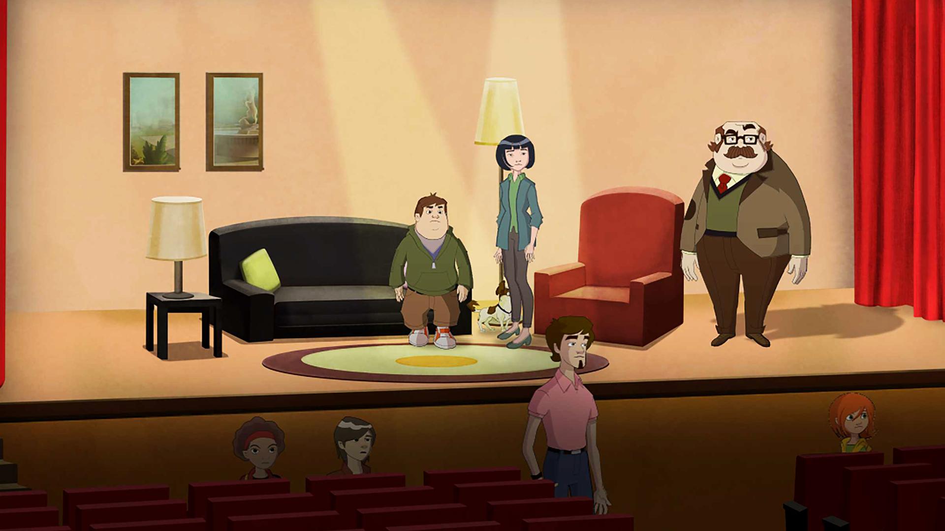 Ein paar Erwachsene stehen auf der Theaterbühne im Rampenlicht, während sich Herr Pinter vor der Bühne den Zuschauern zuwendet.