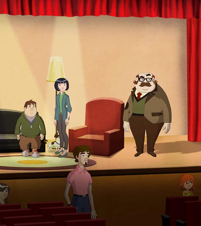 Ein paar Erwachsene stehen auf der Theaterbühne im Rampenlicht, während sich Herr Pinter vor der Bühne den Zuschauern zuwendet.