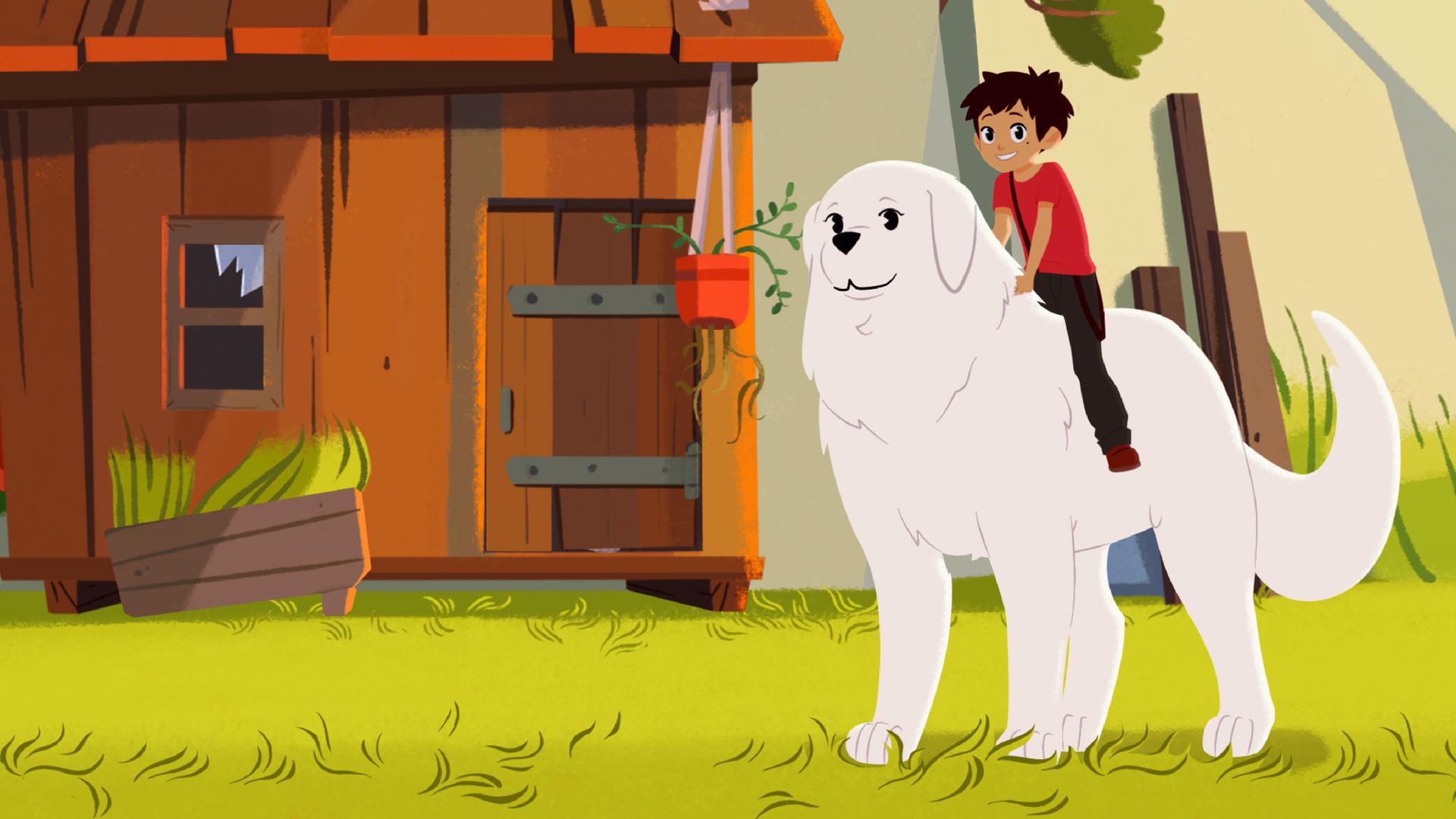 Sebastian sitzt auf Belle. Im Hintergrund steht ein heruntergekommener Schuppen.