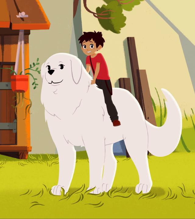 Sebastian sitzt auf Belle. Im Hintergrund steht ein heruntergekommener Schuppen.