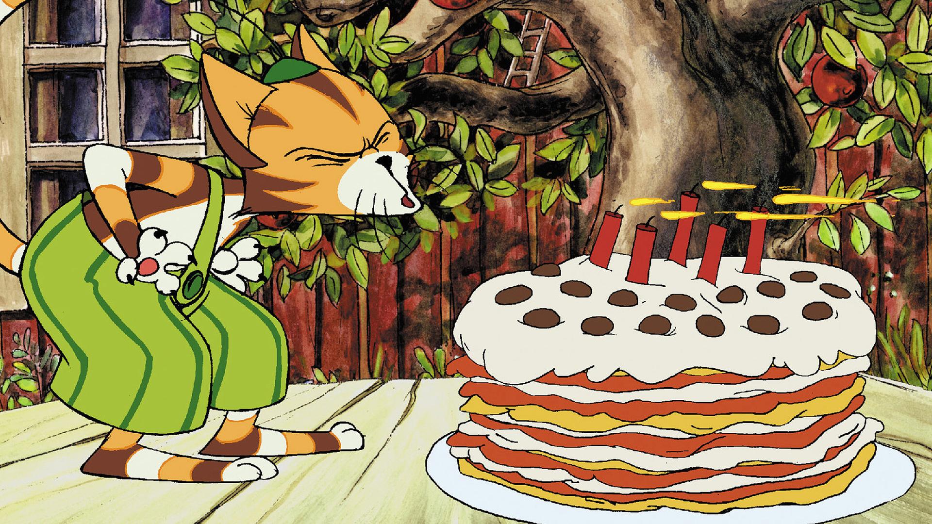 Findus bläst die fünf Kerzen auf seiner Pfannkuchen-Geburtstagstorte aus.