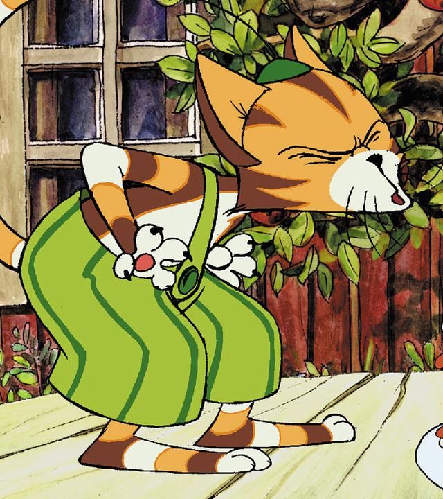 Findus bläst die fünf Kerzen auf seiner Pfannkuchen-Geburtstagstorte aus.