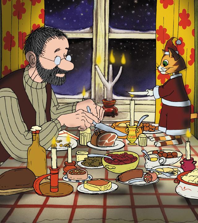 Pettersson und Findus sitzen an Weihnachten am gedeckten Tisch.
