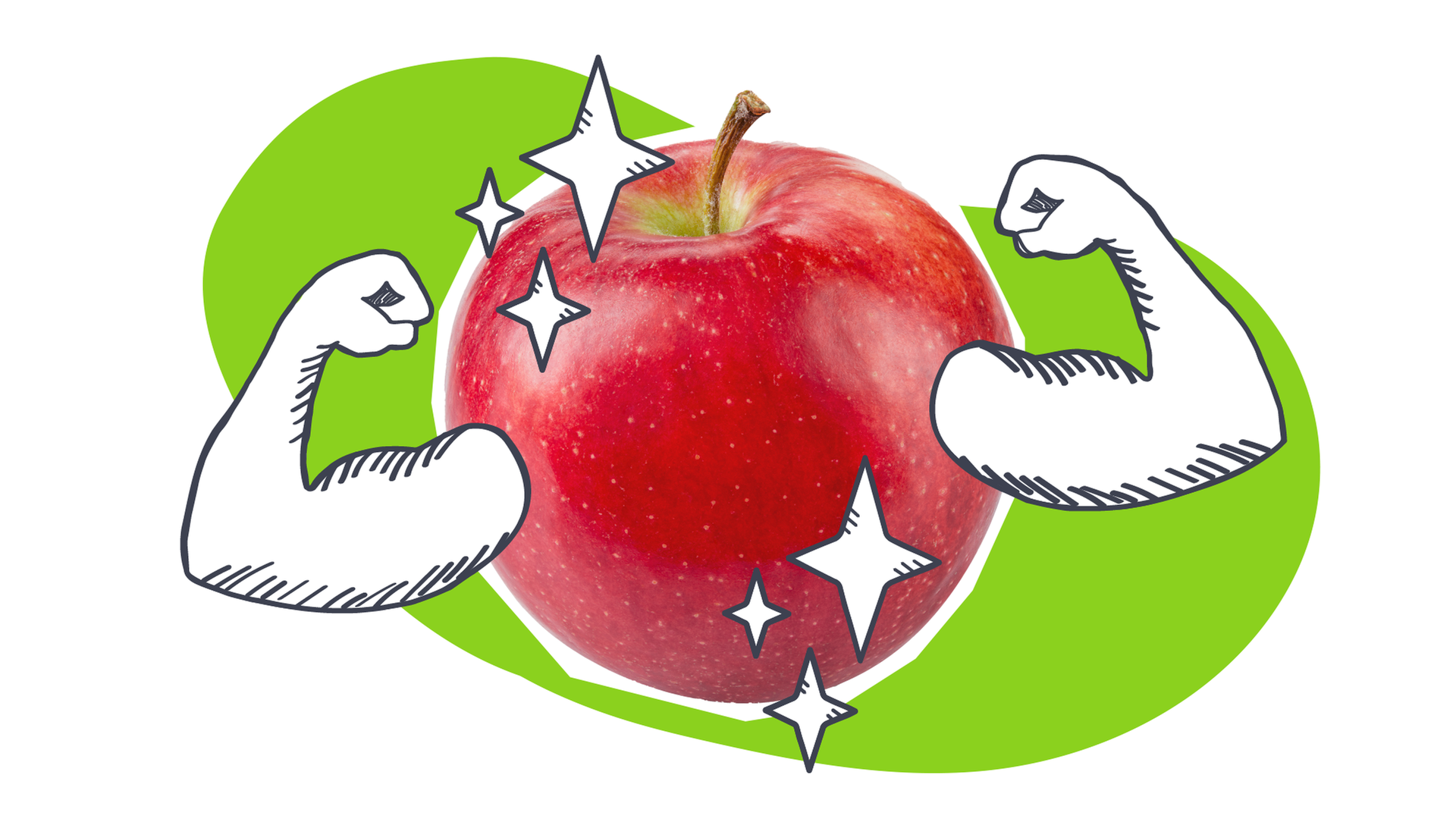 Ein Apfel mit zwei gezeichneten Armen. 