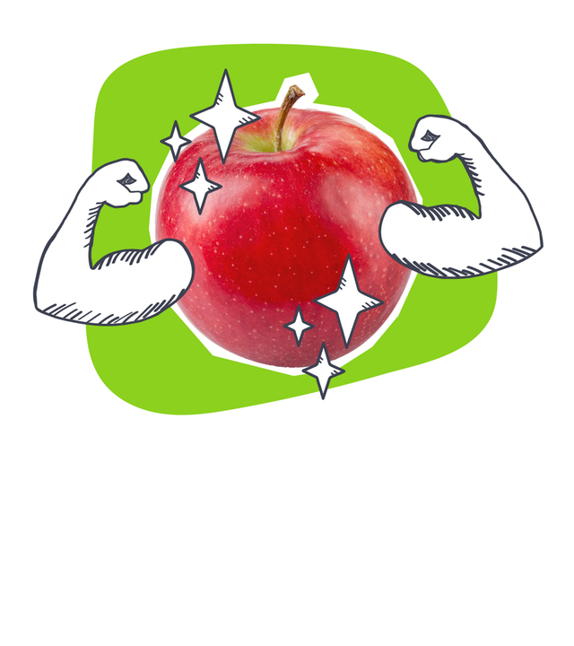 Ein Apfel mit zwei gezeichneten Armen. 