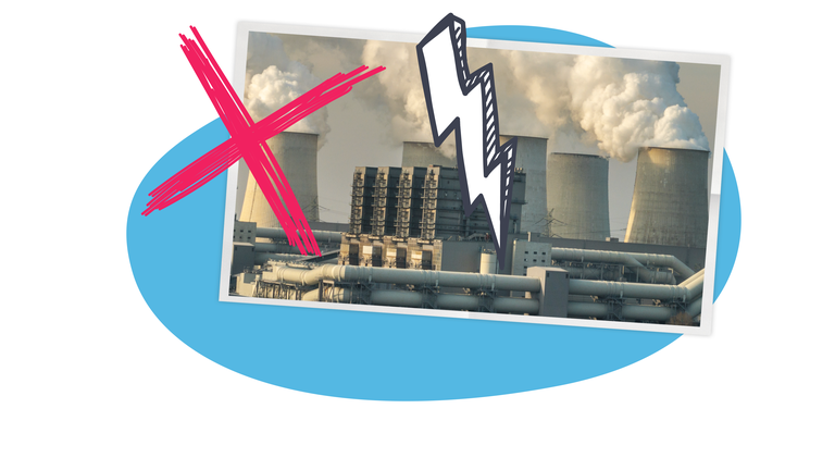 Ein kohlekraftwerk durchgestichen und mit einem Blitz-Symbol