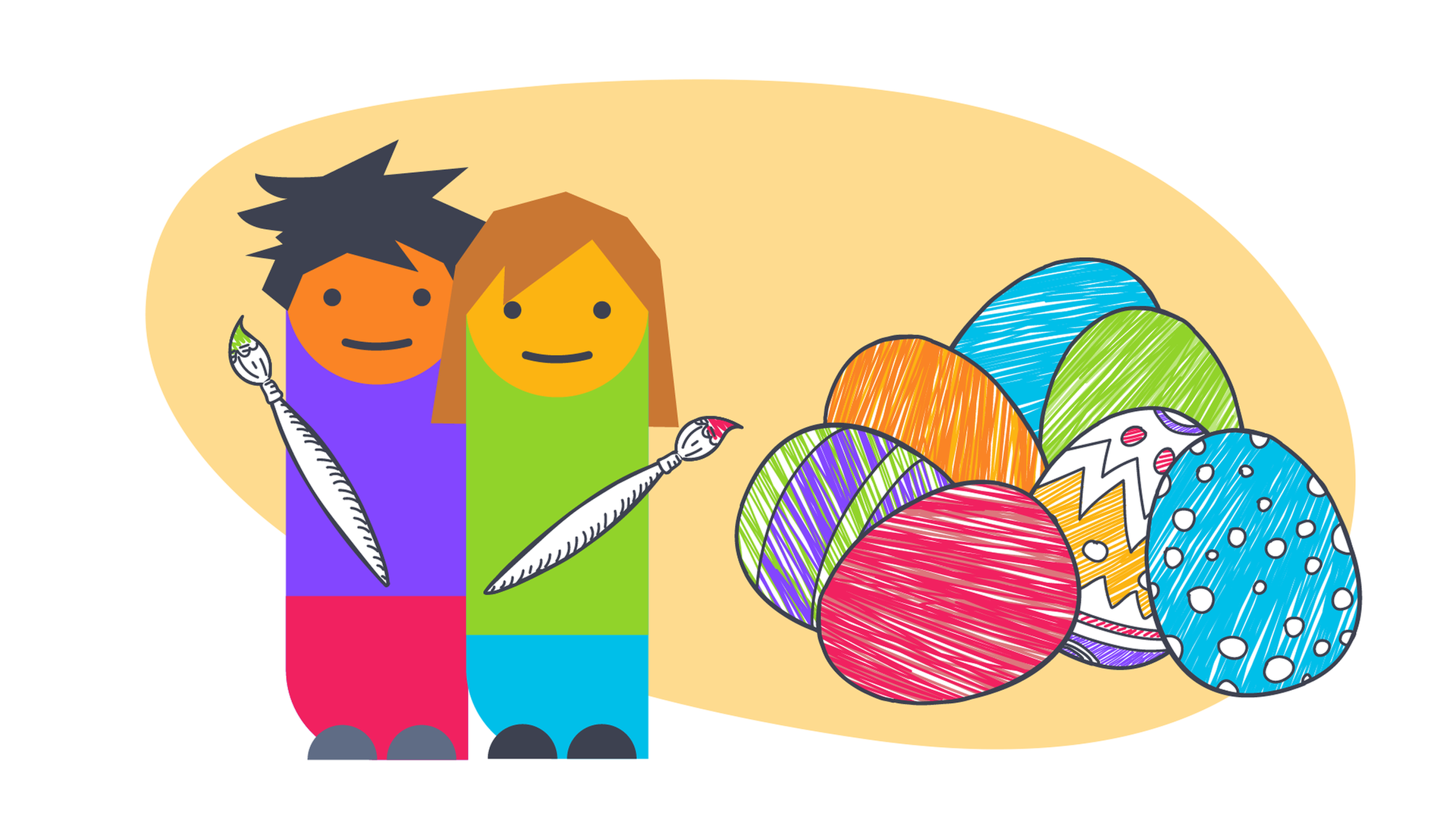 Grafik: Zwei Kinder mit Pinseln neben einem Haufen Ostereier