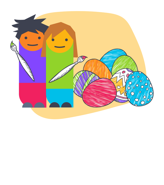 Grafik: Zwei Kinder mit Pinseln neben einem Haufen Ostereier