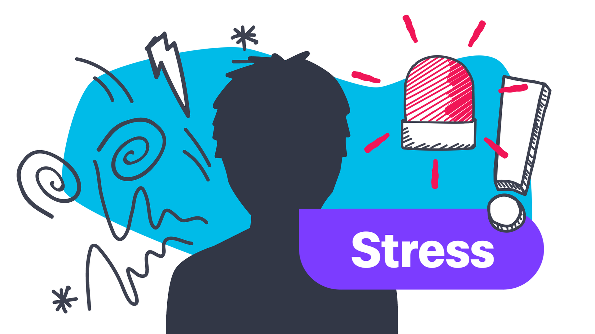 Der Umriss einer Person und Symbole für Stress - Ausrufezeichen, Alarmzeichen, Blitze 