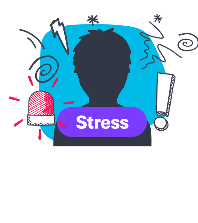 Der Umriss einer Person und Symbole für Stress - Ausrufezeichen, Alarmzeichen, Blitze 